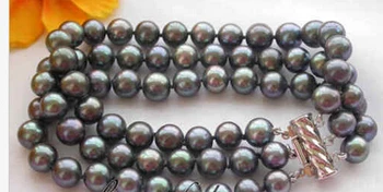 

free shipping 1122 3row 8" 9mm round black freshwater pearl bracelet