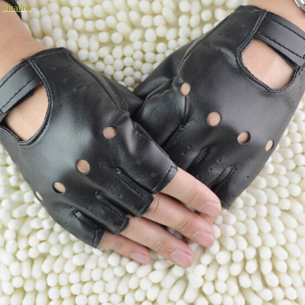 1pair Man Fashion PU Leather Black Half Finger Gloves Cool Heart Hollow