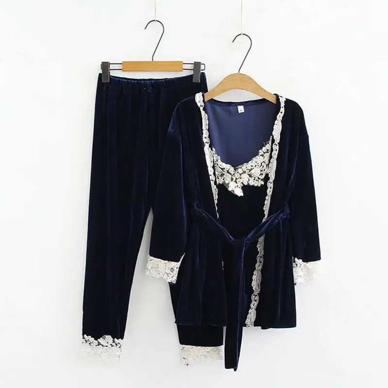 5XL брендовый осенний женский пижамный комплект из трех предметов бархатный кружевной лоскутный цветочный бархатный высококачественный халат-ночная рубашка размера плюс - Цвет: Blue