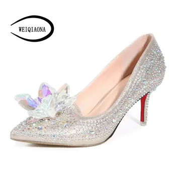 

WEIQIAONA 2019 New Cinderella Pointed Toe High Heels Red Bottom Women Pumps Leather Luxury Diamond Wedding shoes