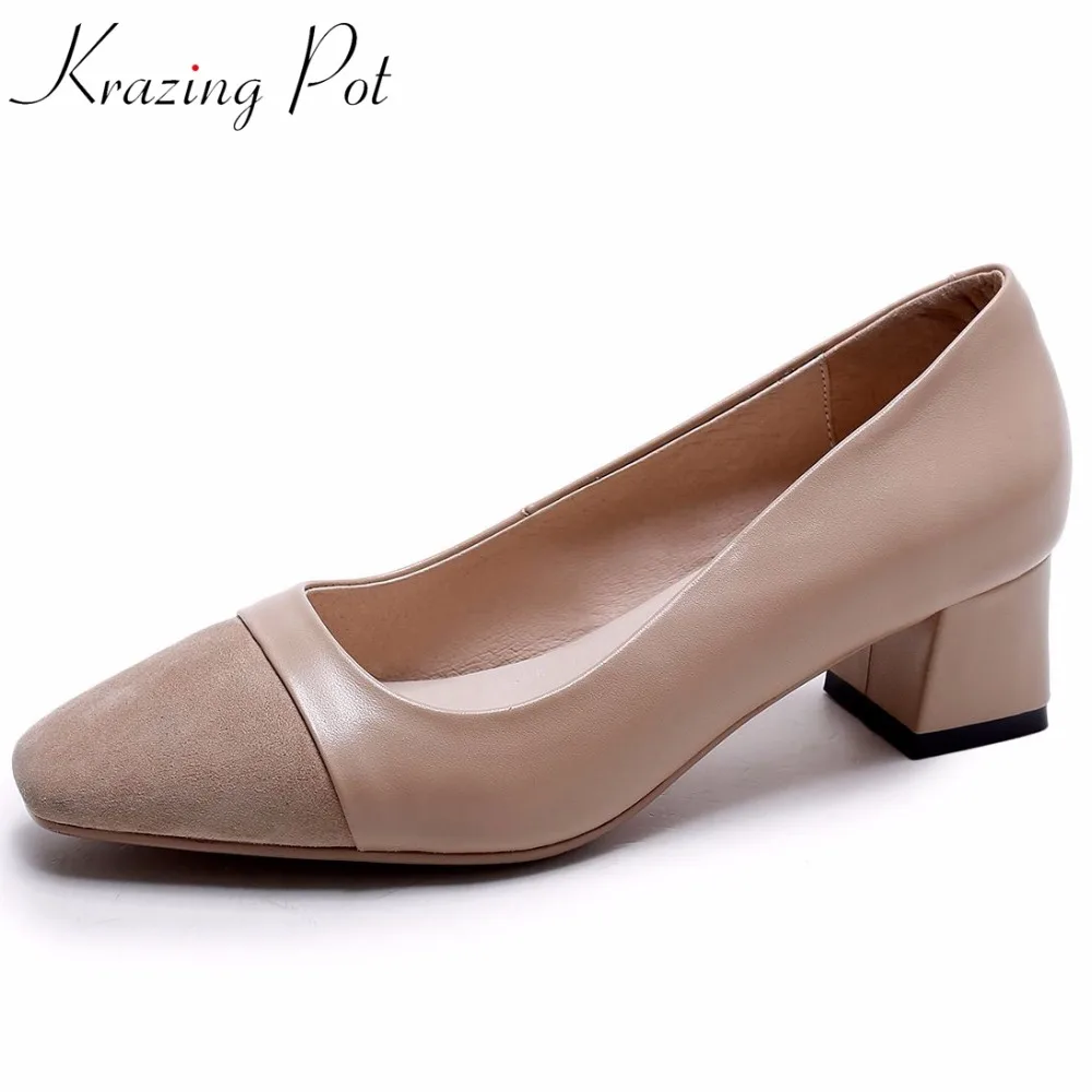 

Krazing pot Summer full grain leather thick med heels shallow pumps square toe mixed color superstar brand increased shoes L04