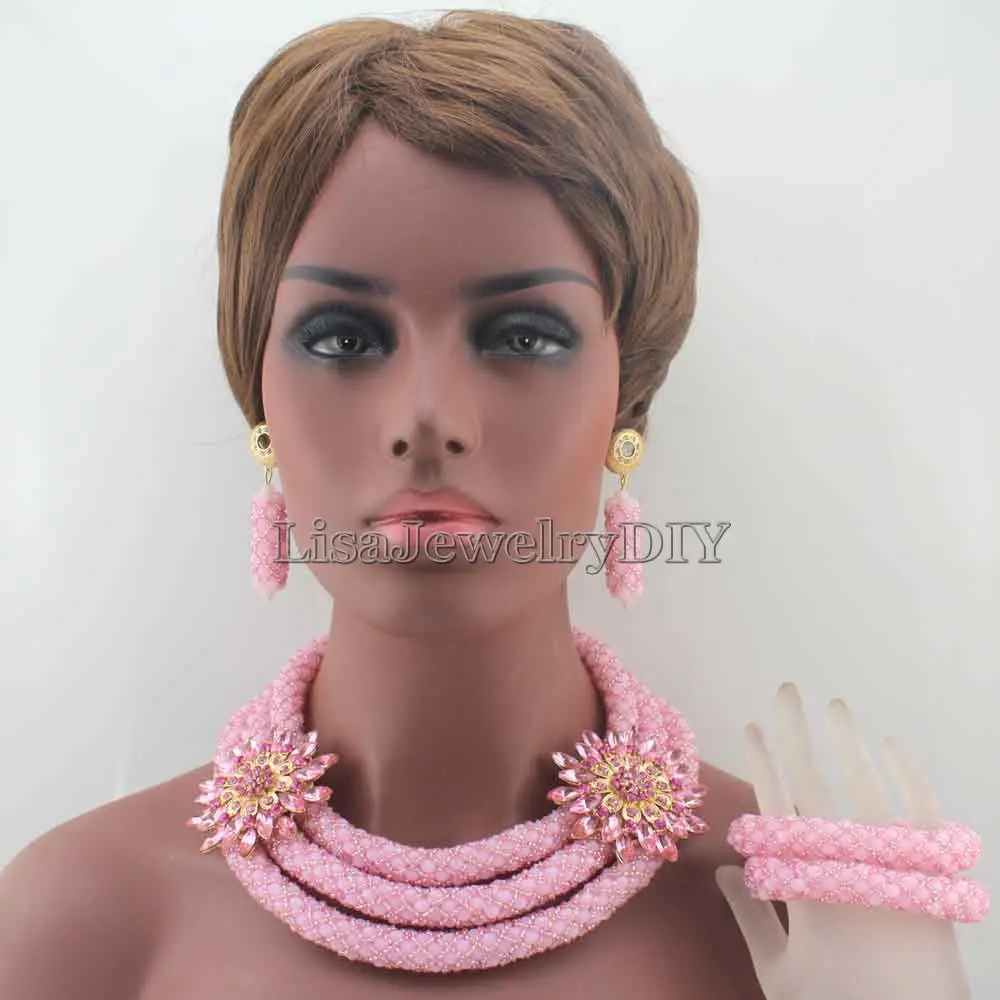 

Pink African Bride Jewelry Set Indian Nigerian Wedding Party Beads Statement Necklace Set 2019 Woman Gift Free Shipping HD7853