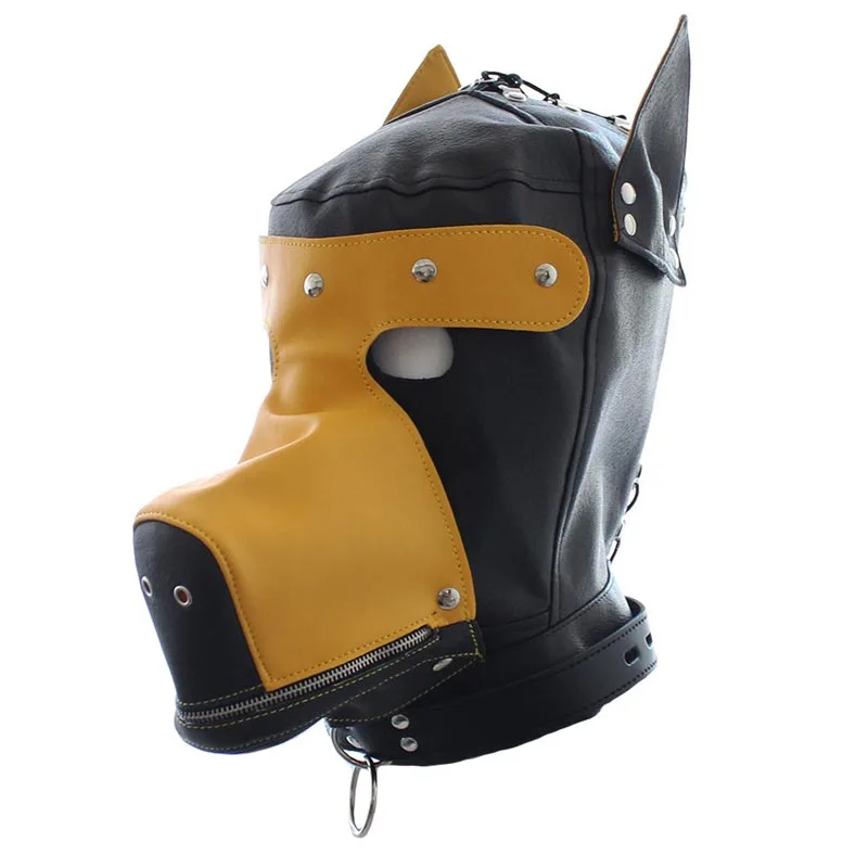 Цвет: желтый Искусственная кожа фетиш Pet Play Hood Doggy/Puppy Head удерживающая маска ролевой игры Костюм с глазами-заплатками и рот на молнии - Цвет: Цвет: желтый