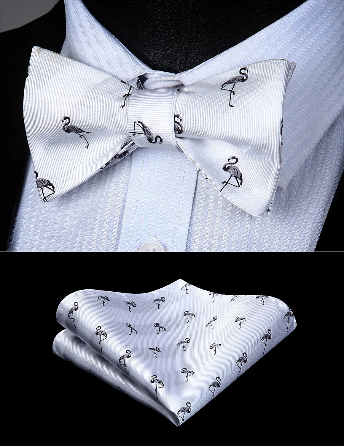 

Bow Tie handkerchief set Men Woven Self Bow Tie White Black Flamingos Animal Pocket Square Set#BGA09WS