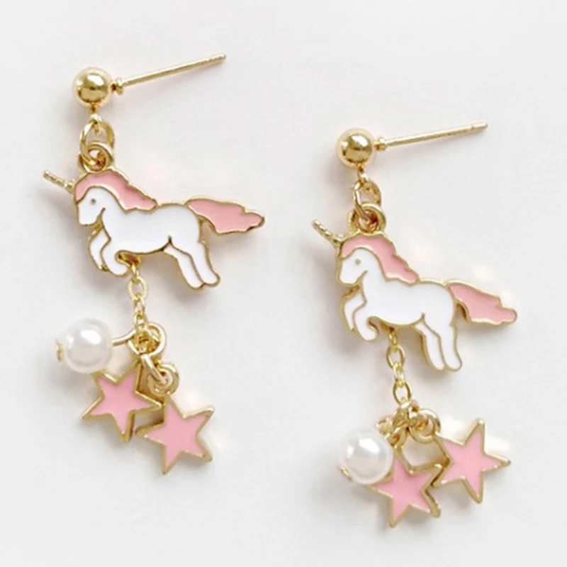 

Personality Japan and South Korea Cartoon Unicorn Star Long Earrings Wild Pearl Fashion Lady Accessories Ear Clip Jewelry
