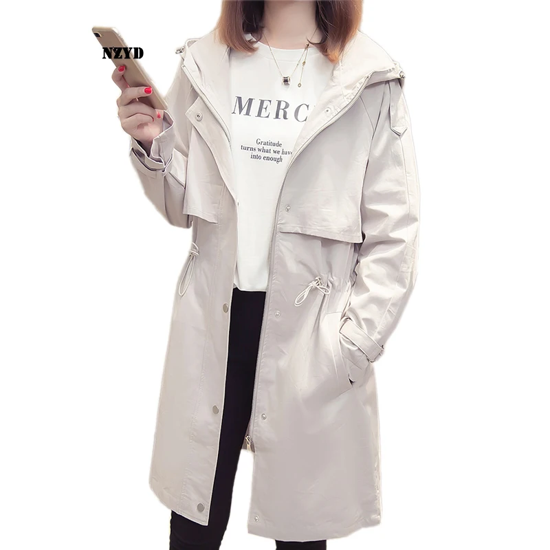 

Women Spring Autumn Trench Coat New Style Fashion Mid-long Hooded Solid color Windbreaker Causal Loose Large size Coat NZYD64A