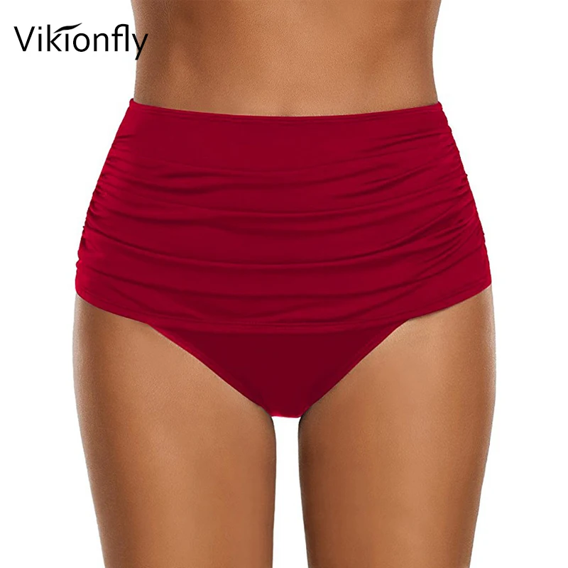 Vikionfly плюс размер женские Бикини плавки купальник с высокой талией одежда для плавания трусики для женщин с рюшами Шорты для плавания синий черный красный