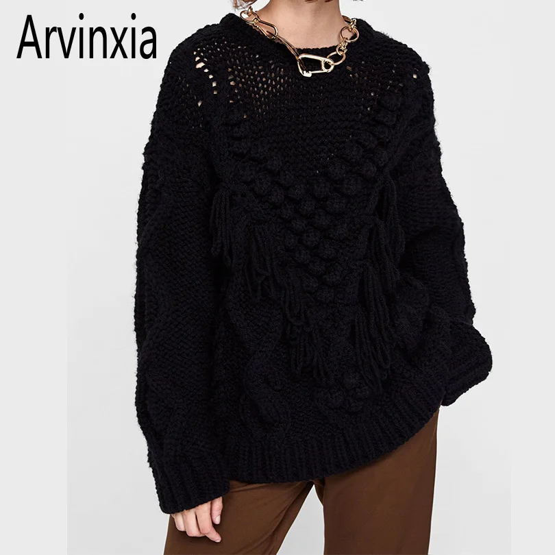 

Arvinxia ZA Fashion Tassels Ball Decorative Women Sweaters New O Neck Long Sleeve Lady Pullovers Sexy Knitted Striped Girl Shirt