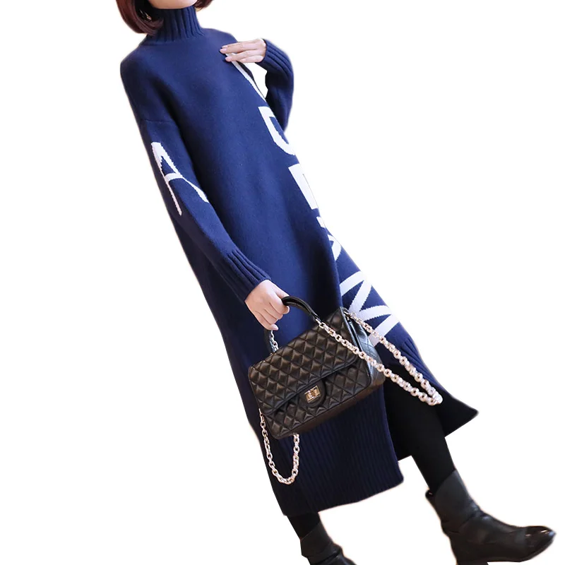 

2018 Women Autumn Winter Turtleneck Sweater Dress New Fashion Knit Pullover Thicken Warm Loose Long Sweater Female Dresses AA454
