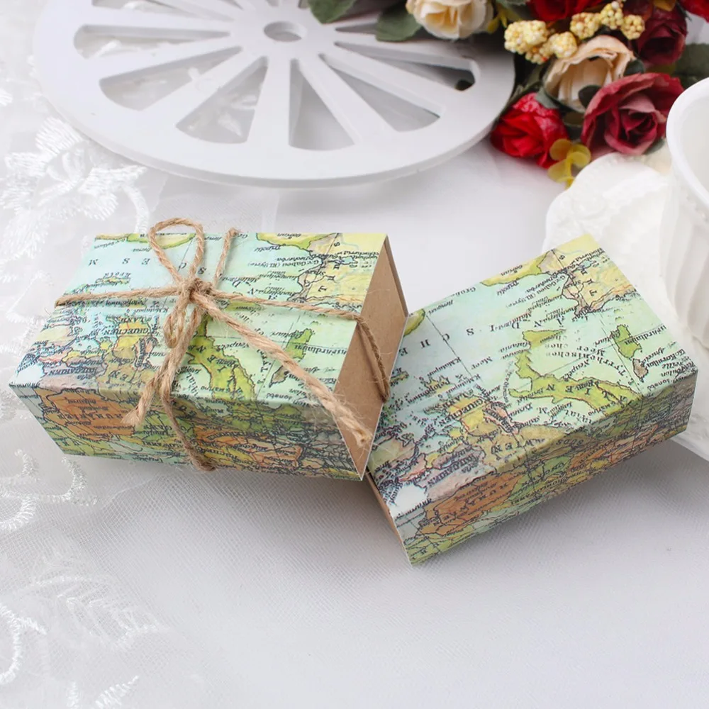 

10pcs Travel Theme World Map Candy Box Vintage Kraft Wedding Favors Gift for Wedding Decoration Fun Packing Party Supplies