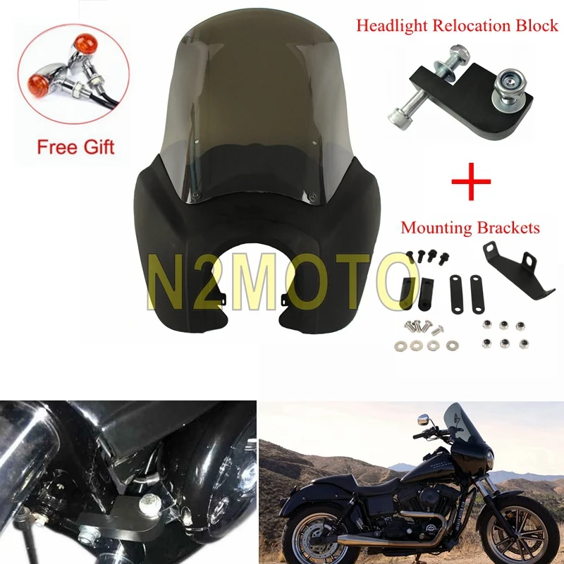

1 Set Front Fairing Retro Headlight Fairing Mask for Harley Dyna Super Glide Low Rider FXD FXR FXS Windscreen w/Light Relocation