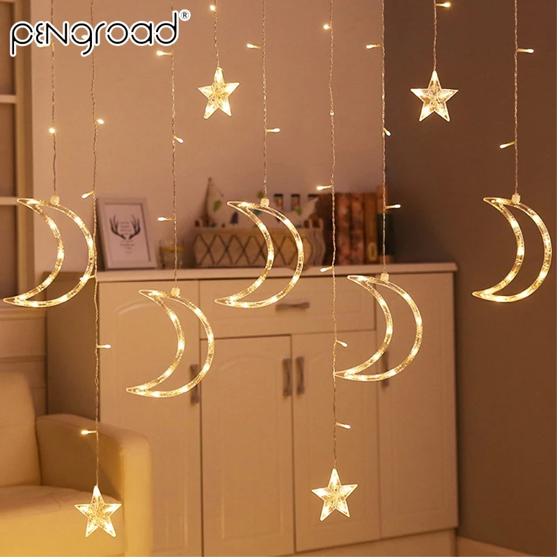 

3.5M 138Leds Moon Star LED Curtains String Lights Garland On Batteries Fairy Lights Festoon USB Holiday Decor Light String PD065