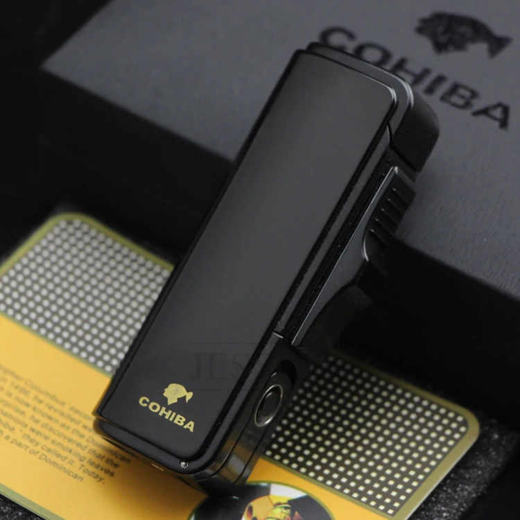 COHIBA Бутановая Зажигалка, 3 струйный фонарь, ветрозащитные зажигалки для сигарет, металлическая многоразовая Зажигалка для сигар с подарочной коробкой - Цвет: Black