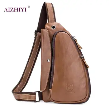

BULLCAPTAIN Male Retro Fashion Shoulder Packs Sports Bags Solid Color Men Casual Zipper Genuine Leather Crossbody Chest Bags