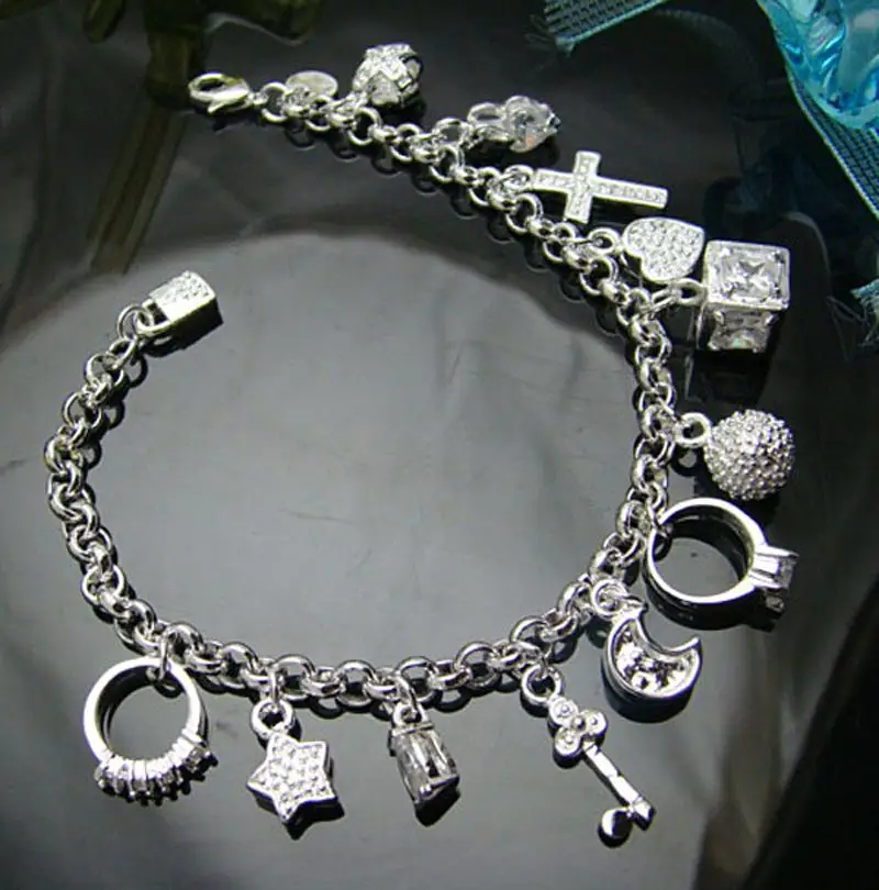 Модное модное ювелирное изделие, шикарный посеребренный браслет с Луной, сердечком и крестиком, браслет с подвеской 13