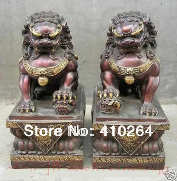 

Shipping Collection Rare pair Red bronze handwork Fu Foo Dog door guard lucky lion Statues 29 cm discount 30%