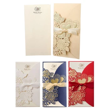 

1pcs Laser Cut Wedding Invitations Card Rose Love Heart Greeting Cards Customize Envelopes With Ribbon Wedding Party Supplies