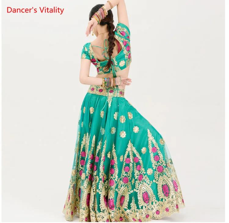Тонкая вышивка индийская Одежда для танцев костюм для выступлений для взрослых костюмы для танца живота Топы+ большая юбка-качели+ вуаль комплект из 3 предметов