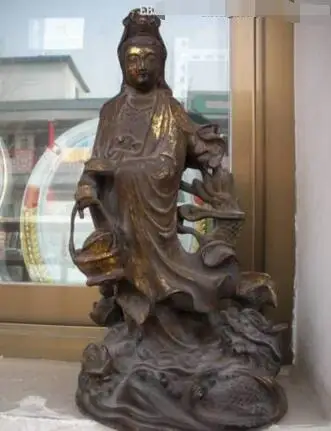 

18"Tibet Buddhism Bronze basket Kwan-Yin Ride on Dragon Bodhisattva Statue
