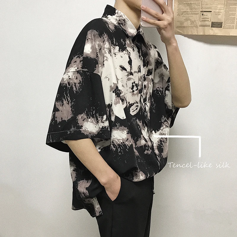 

2019 Summer Men's Flower Printing Hawaiian Shirt Fashion Trend Tie-dyed Shirt Short Sleeve French Cuff Mens Fashion Shirts M-2XL