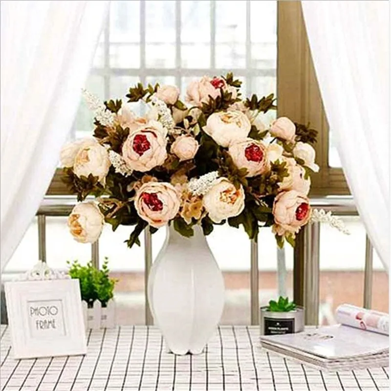 

NieNie 13 heads/Bouque Christmas Artificial Flowers Silk Flower European Fall Vivid Peony Fake for Wedding Home Party Decoration