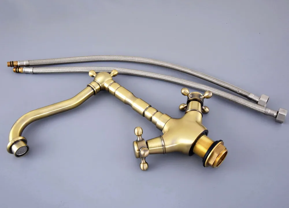Vintage Retro Antique Bronze Dual Cross Handles Bathroom Kitchen Basin Sink Faucet Mixer Tap Swivel Spout Deck Mounted msf126