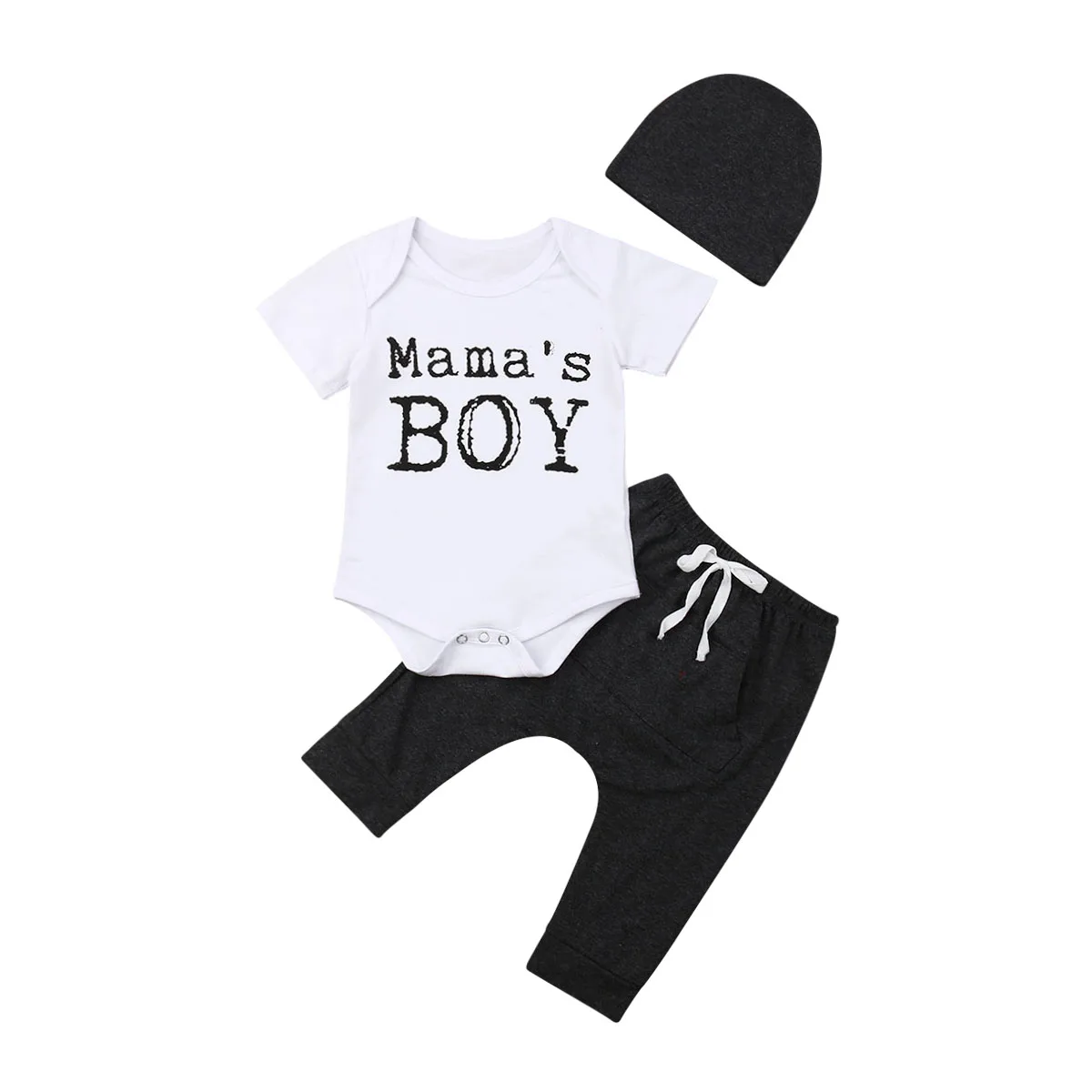 

2019 New 3Pcs Toddler Baby Boys Outfits Mama's Boy Letters Print Romper+Long Pants Leggings Hat Outfits Clothes Set 0-18M