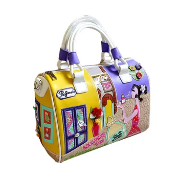 

Women One Shoulder Boston Handbag PU Embroidered Anime Cartoon Splice Handbags AB@W3