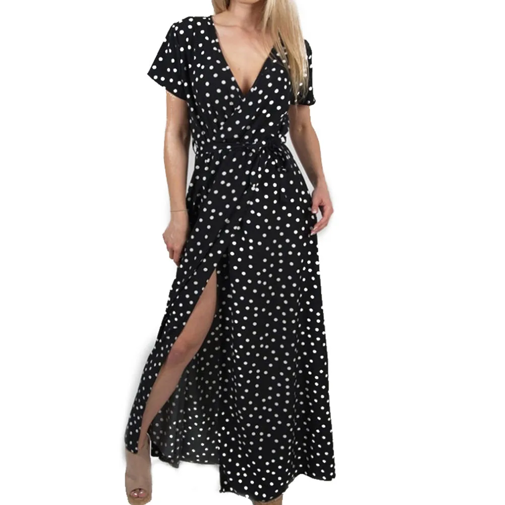 Женское платье в горошек с v-образным вырезом и коротким рукавом, длинное платье макси для летней вечеринки IK88 - Цвет: Черный