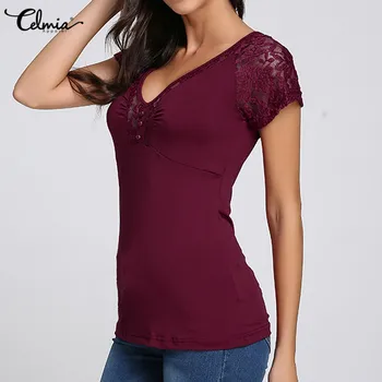 

Celmia Blusas Femininas Sexy Blouses Plus Size S-4XL 2020 Summer Women Short Sleeve V-neck Lace Tops Slim Casual Shirts 6 Colors