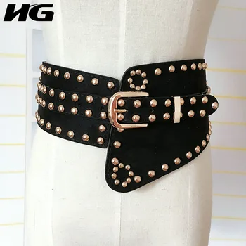 

QHG Irregular Ladies Vintage Waist Belt Rivet Personality Super Wide PU 2019 New Autumn Cummerbund Girdle Belt Women ZYQ1247