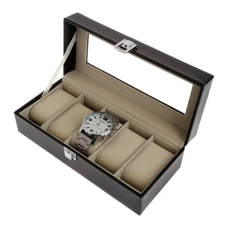 

Watch Display Storage Case Boxes 5 Grids Luxury Faux Leather Soft Protection Organizer Watches High End Transparent Cover