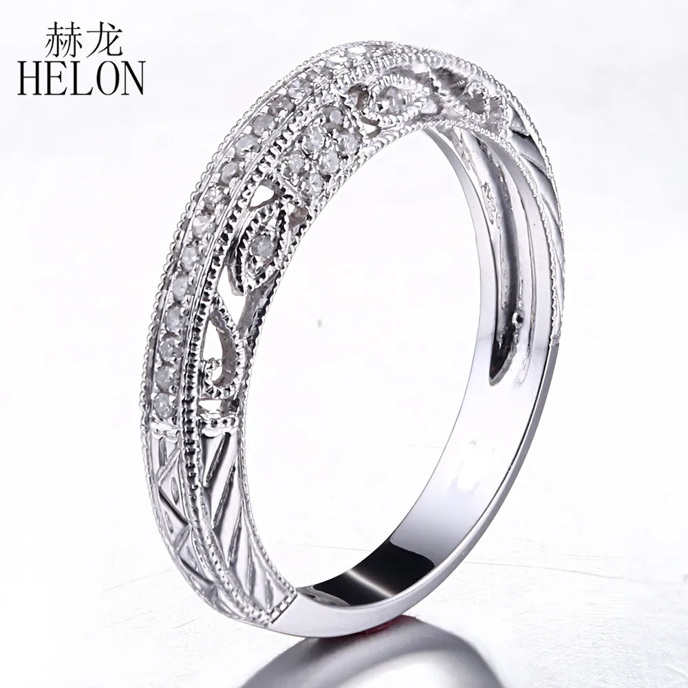 HELON Solid 14K White Gold 100% Genuine Natural Diamonds Ring For Women Half Eternity Wedding Ring Women Vintage Trendy Jewelry