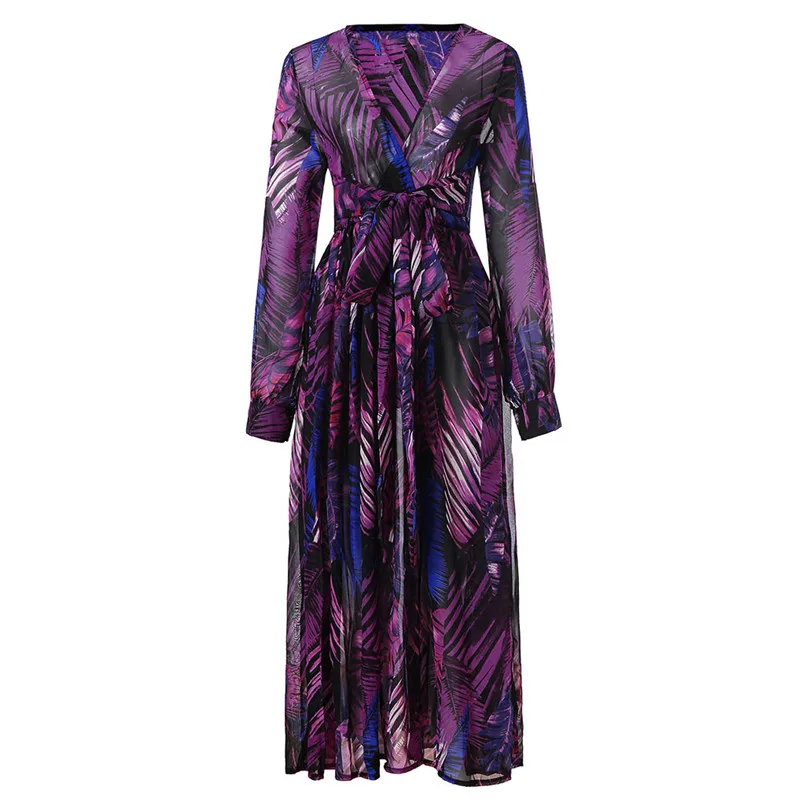 V-Neck Colorful Fashion Printing Chiffon Dress Long Sleeve Deep V Neck Belt Long Dress Comfortable New Vestidos #F#40NV26 (7)