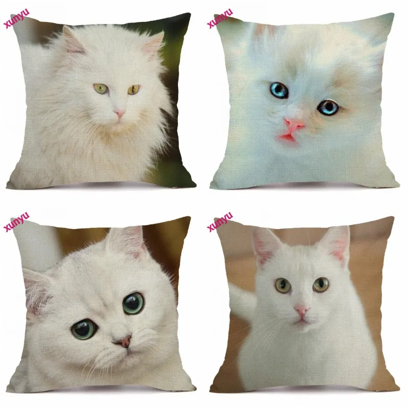 

XUNYU Cute White Cat Linen Pillow Case Sofa Square Decorative Pillow Cover Animal Pattern Cushion Cover 45X45cm BT002