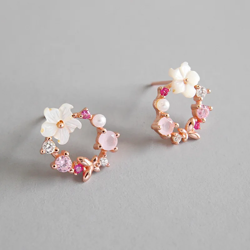 

Korean Style S925 pure silver zircon crystal shell garland Round Circle Flower Stud Earring student female silver jewelry