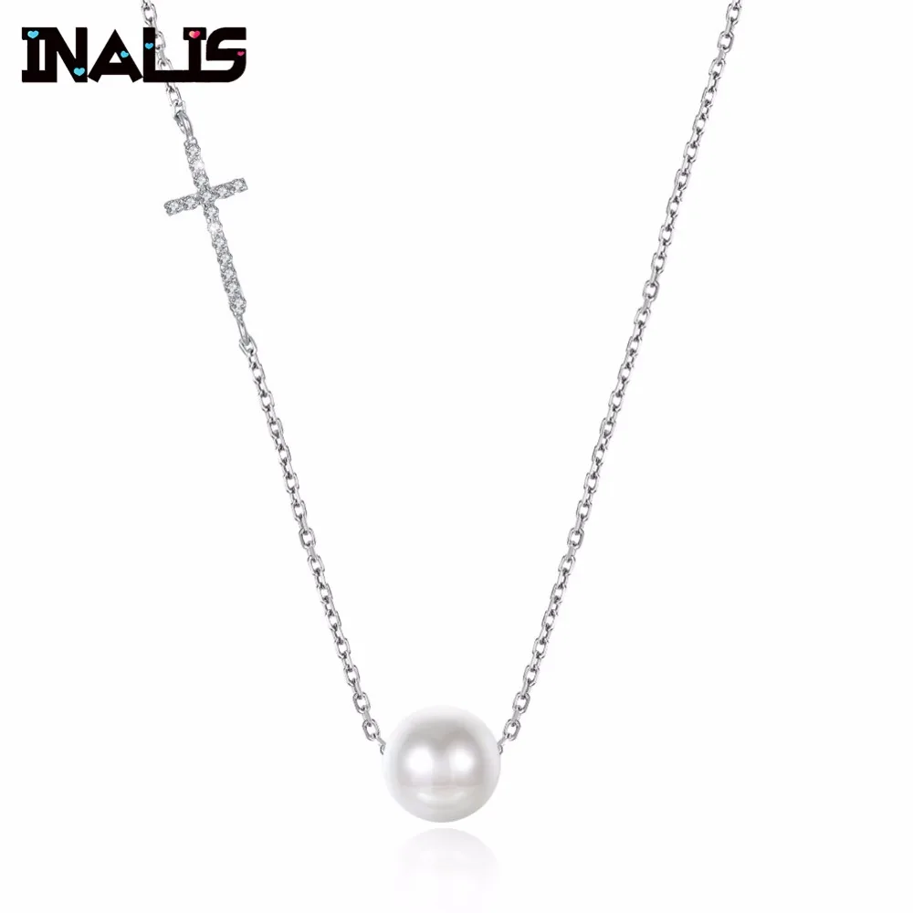 

INALIS New Elegant Long Chain Necklace S925 Sterling Silver Inlay Cross Shape Micro Paved CZ Stone with Single Pearl Pendant