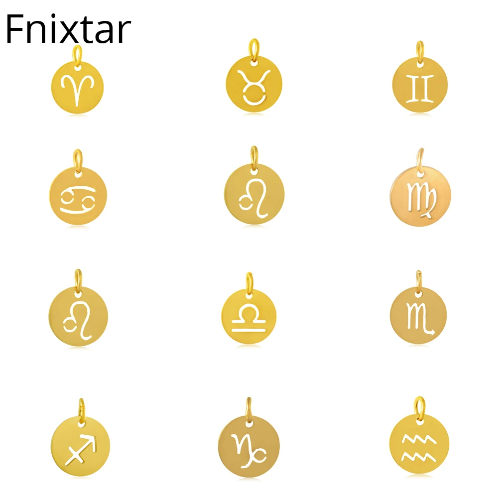 Fnixtar 12 мм нержавеющая сталь 12 кулоны со знаками Зодиака DIY созвездие мини Подвески золотой цвет металлический Шарм оптом 12 шт./лот