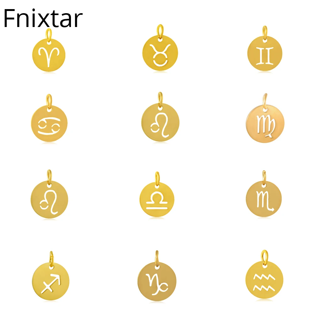 

Fnixtar 12mm Stainless Steel Twelve Zodiac Charms DIY Constellation Mini Charms Gold Color Metal Charm Wholesale 12pcs/lot