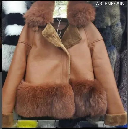 

Arlenesain custom 2019 new fashion gorgeous splendid camel sheep fur genuine leather women jacket