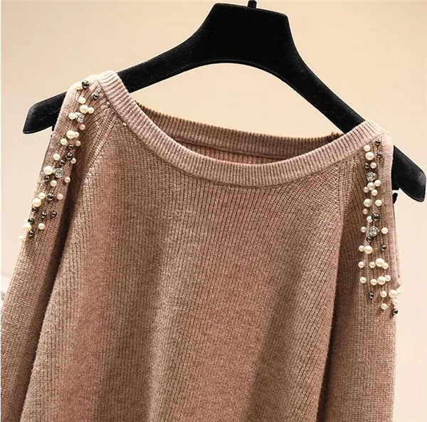 Rlyaeiz Fashion 2 Style Sweater Women Spring Autumn Beading Strapless Shoulder Knitwear Pullover Woman Knitted Sweaters