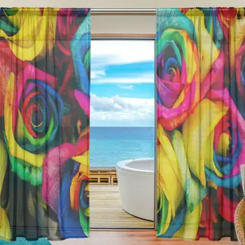 

[HT!]DIY Sheer Door Curtain Panels 55x78 Inch (139x198cm)*2 Panels,Blue Pink Rose Polyester Fabric Window Curtains Voile Sheers