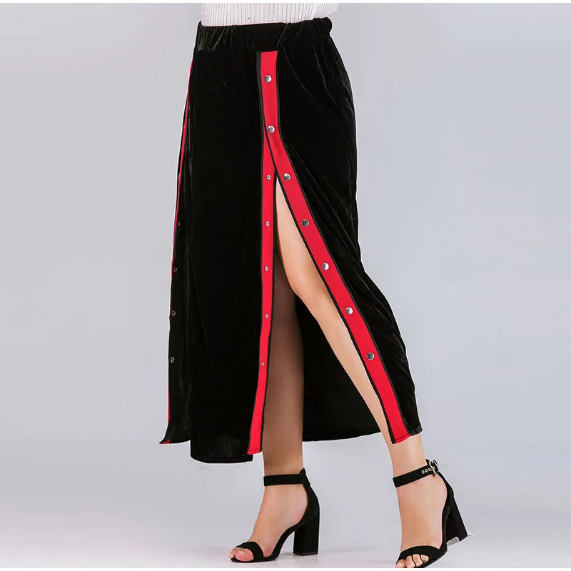 Плюс размеры пикантные контраст красный полосатый Высокая разделение длинные бархатные юбки 4Xl 5Xl для женщин Весна макси юбка женская