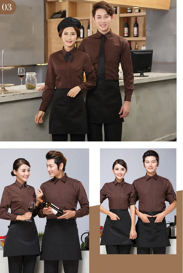 Новый Полный устанавливает Ресторан униформа официанта рубашка + фартук Кофе магазин форму официантки Для мужчин одежда повара отеля