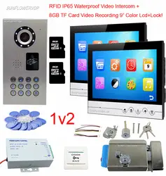 9 "Цвет мониторы 8 ГБ TF карты Видеодомофоны Запись видеовызова IP65 Водонепроницаемый RFID Дверные звонки Камера с электронным двери замок