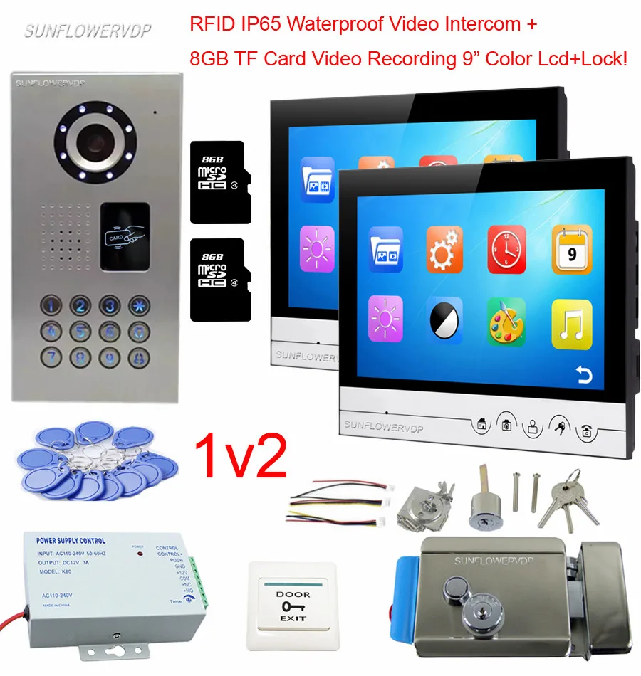 

9" Color Monitors 8GB TF Card Video Intercom Recording Video Call IP65 Waterproof Rfid Doorbell Camera With Electronic Door Lock