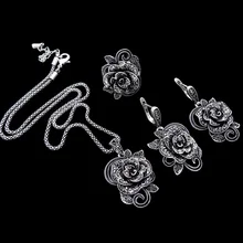 HENSEN Plateado Plata Antigua de la Joyería de Nueva Moda Vintage Negro Cristal Flor Colgante Collar de la Joyería de Las Mujeres