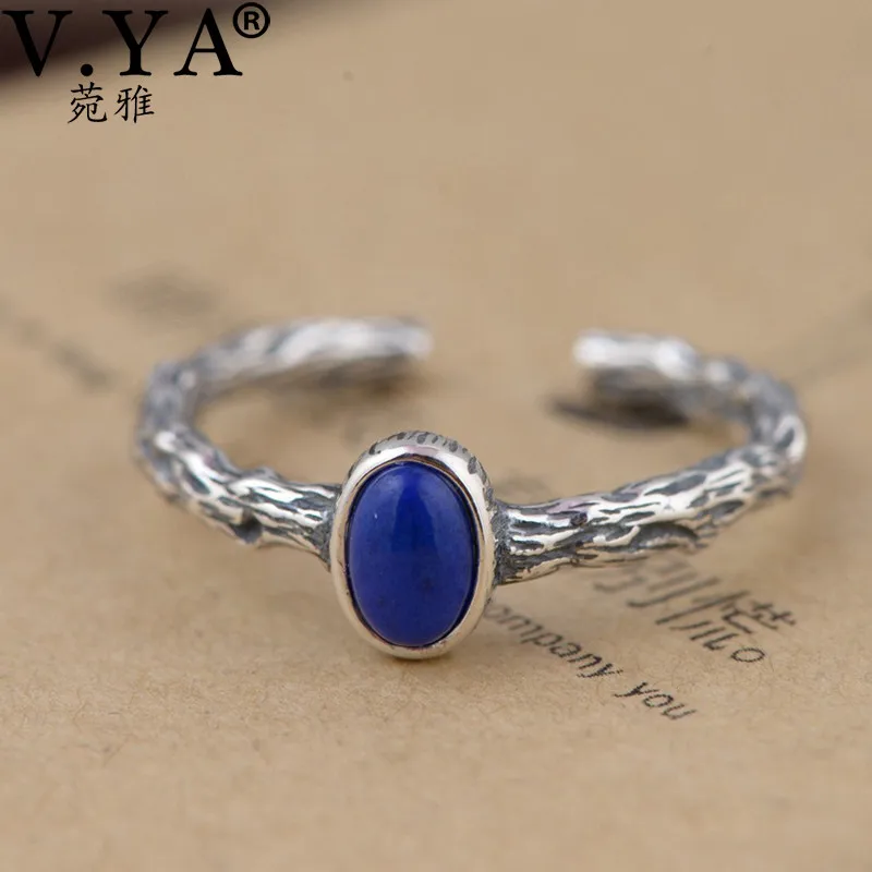

V.YA Retro Style Branches Rings Real 925 Sterling Silver Blue Color Natural Stone Finger Ring For Women Female Jewelry
