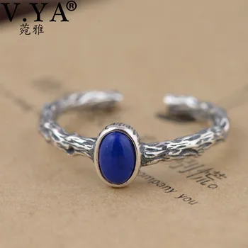 

V.YA Retro Style Branches Rings Real 925 Sterling Silver Blue Color Natural Stone Finger Ring For Women Female Jewelry
