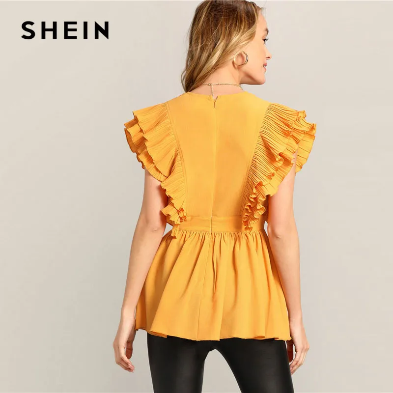 SHEIN Блузка С Глубоким V-Образным Вырезом И Оборкой Женская Летняя Желтая Сексуальная Блузка Без Рукавов